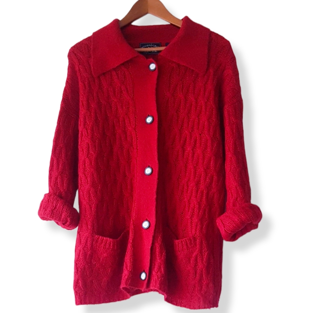WOODS & GRAY Red Mohair Blend Knitted Long Cardigan